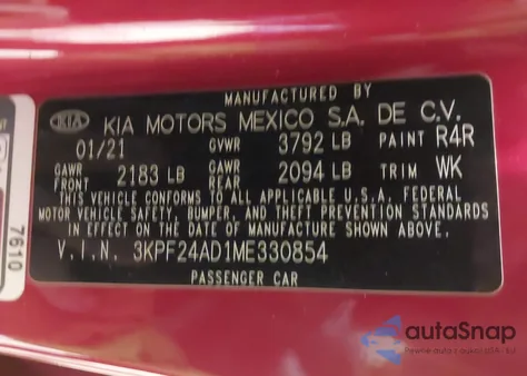 2021 Kia Forte Lxs из США, поврежденный, VIN 3KPF24AD1ME330854